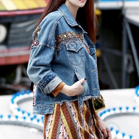 New Bohemian Western Embroidered Oversized Denim Jean Jacket - Picture 2 of 8